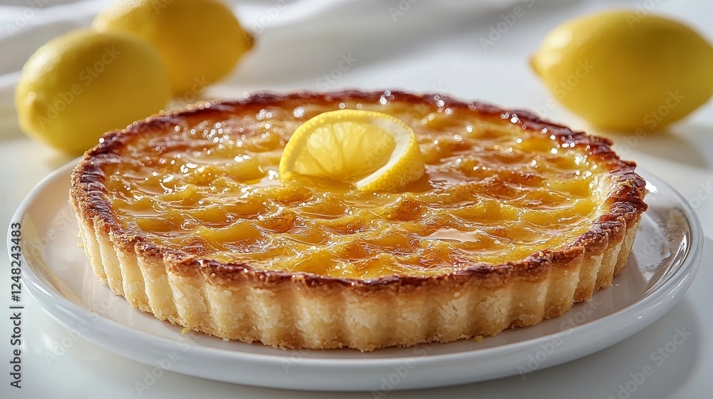 Bright and Tangy Lemon Tart with Glossy Surface and Curl of Zest on White Background Bright and Tangy Lemon Tart with Glossy Surface and Curl of Zest on White Background