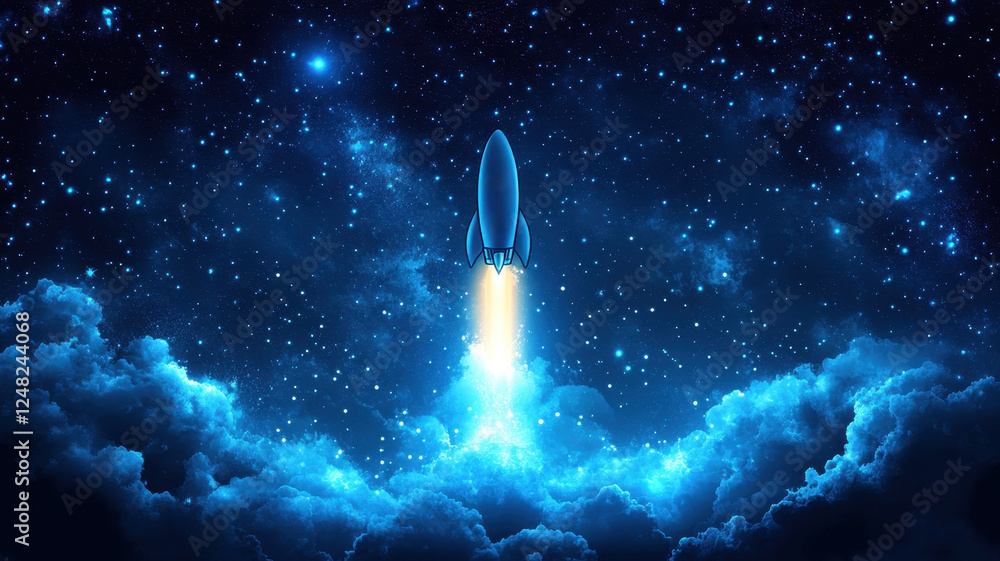 Naklejka premium Glowing rocket trail launch against starry night sky digital art outer space inspirational viewpoint
