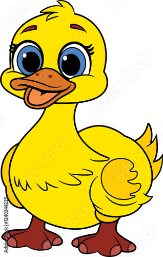 A cheerful, cartoon-style yellow duckling with big blue eyes, an open beak, and a happy expression. Perfect for children's illustrations, storybooks, and playful designs.