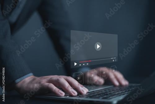 Video streaming on internet concept, Businessman ues laptop to watching and live streaming window, Marketing technology and advertising multimedia player, digital, stream, multimedia player photo