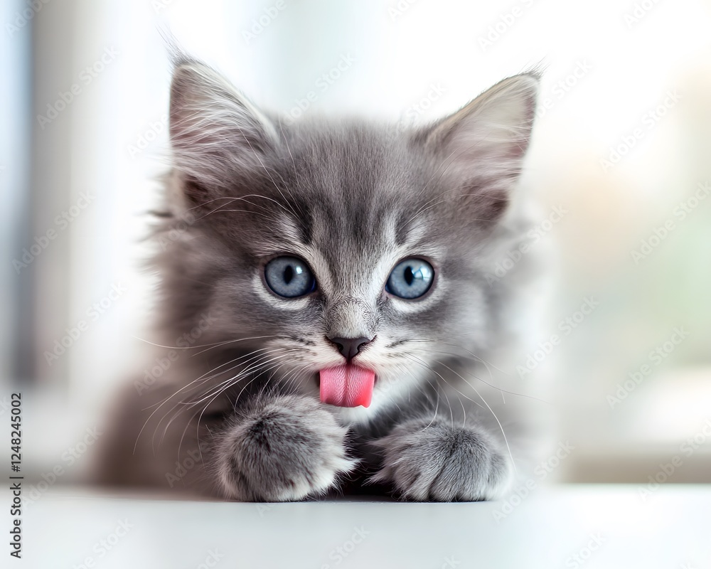 Fluffy gray kitten with bright blue eyes sticks out tongue Fluffy gray kitten with bright blue eyes sticks out tongue