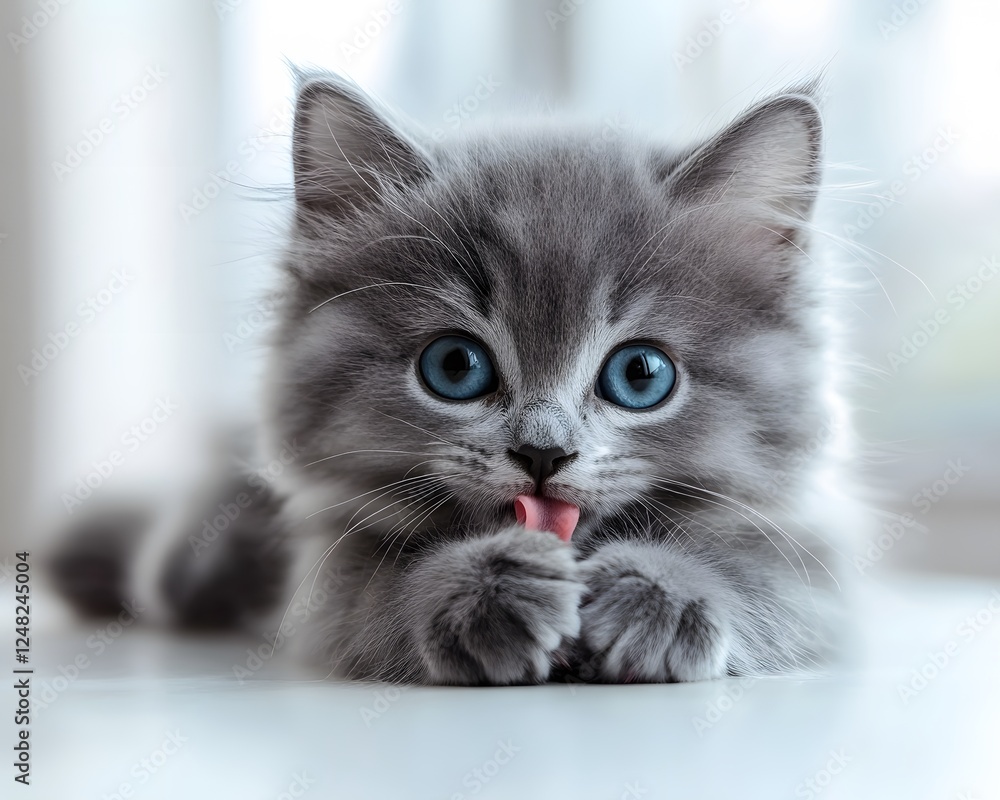 Fluffy gray kitten with striking blue eyes licks its paw Fluffy gray kitten with striking blue eyes licks its paw