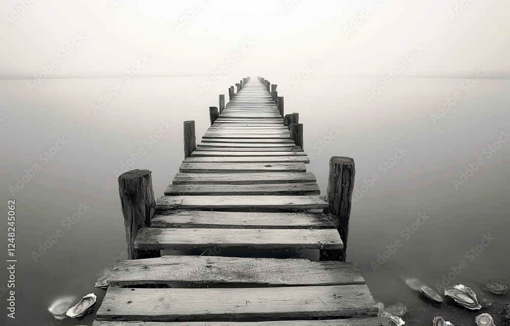 Obraz premium Foggy Serenity: A Minimalist View of a Wooden Pier Stretching Into a Tranquil Lake Under a Gloomy Sky with Reflections on Still Waters
