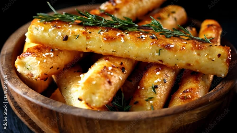 Savory bread sticks infused with thyme and rosemary sit invitingly in a rustic wooden bowl. Their golden-brown crust hints at a delightful crunch, perfect for snacking or serving at gatherings. Savory bread sticks infused with thyme and rosemary sit invitingly in a rustic wooden bowl. Their golden-brown crust hints at a delightful crunch, perfect for snacking or serving at gatherings.