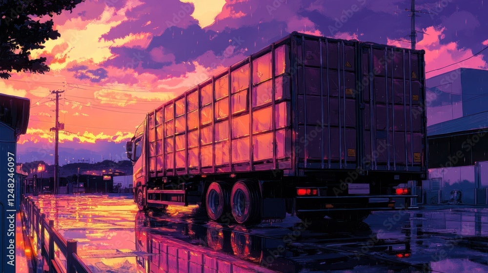 A Freight Truck at Sunset: Reflections on a Wet Urban Landscape A Freight Truck at Sunset: Reflections on a Wet Urban Landscape