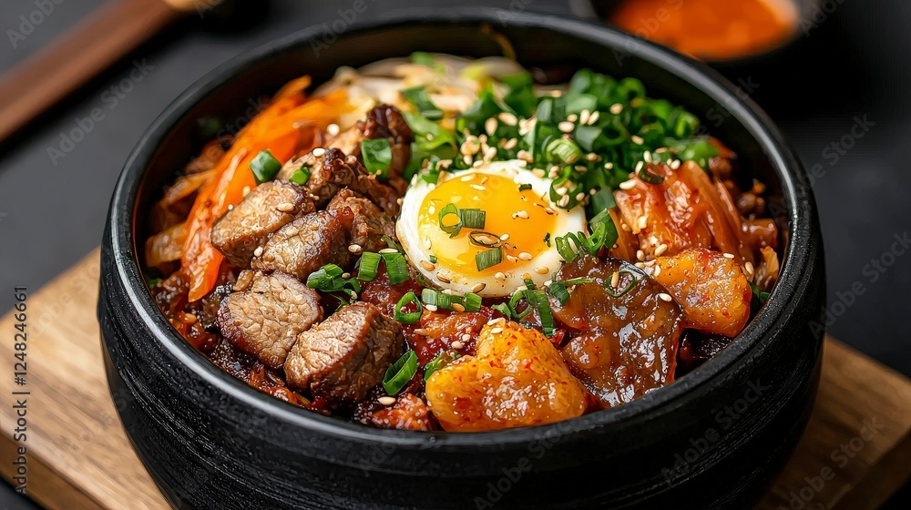 Delicious Asian Beef Stew with Vegetables, Egg, and Spicy Sauce in a Black Stone Bowl on a Wooden Surface Delicious Asian Beef Stew with Vegetables, Egg, and Spicy Sauce in a Black Stone Bowl on a Wooden Surface