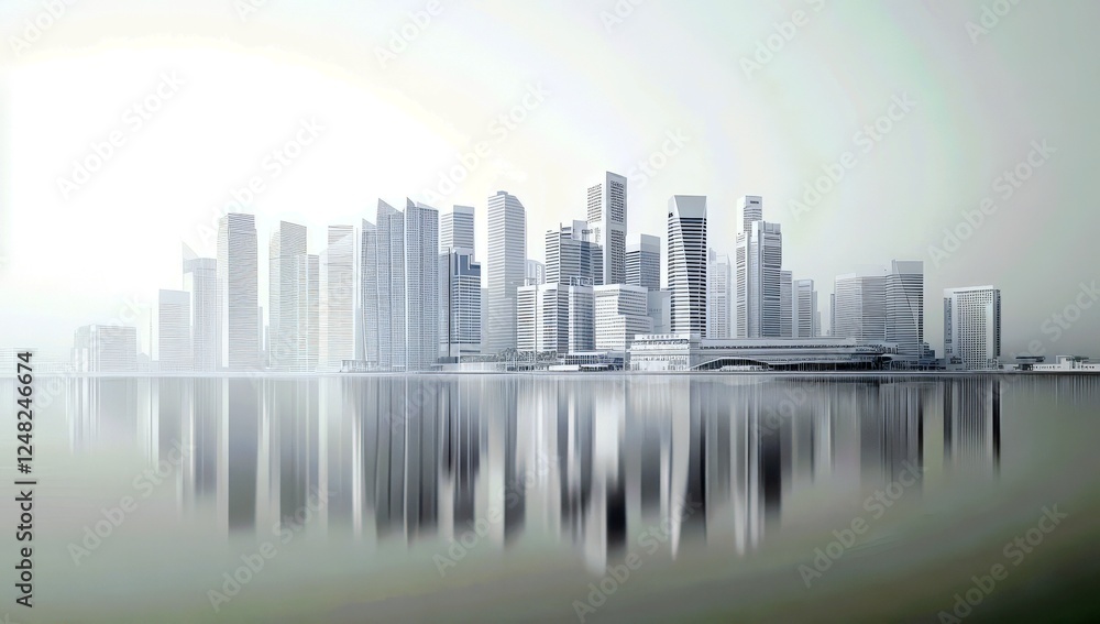 Fototapeta premium Modern skyline of a futuristic city reflecting in the still waters, showcasing sleek architecture and contemporary design in a serene atmosphere