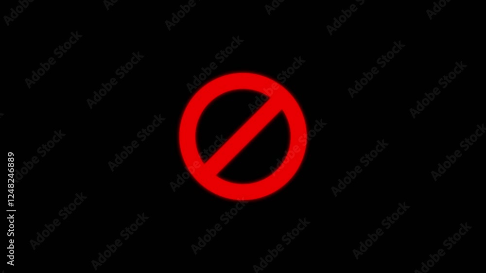 Warning, stop or no entry forbidden red circle and line symbol icon animation on a black background. Warning, stop or no entry forbidden red circle and line symbol icon animation on a black background.