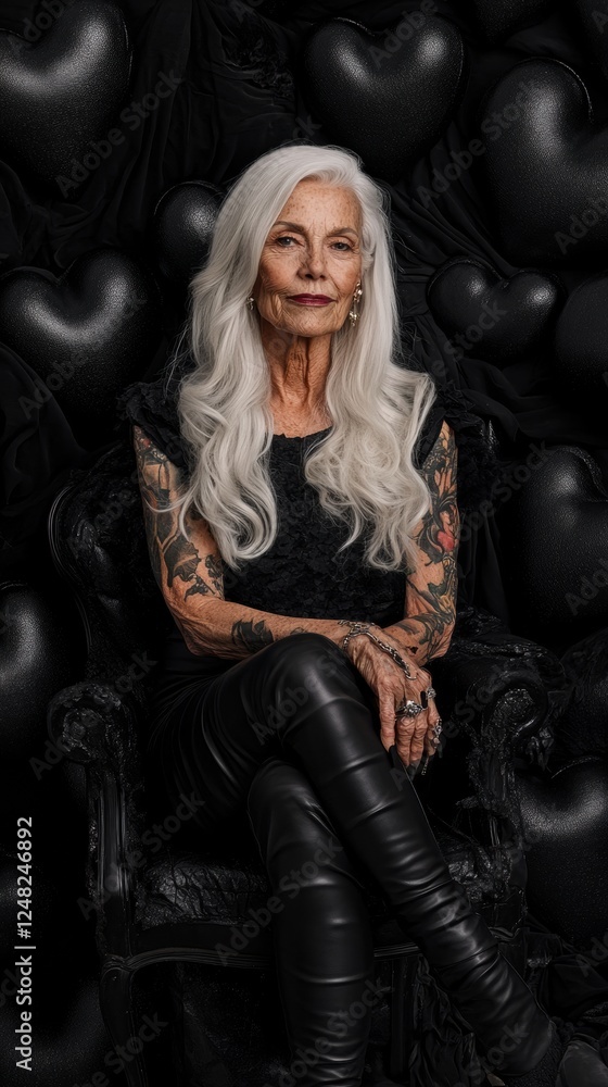 Elegant woman with tattoos sitting against a backdrop of black hearts Elegant woman with tattoos sitting against a backdrop of black hearts