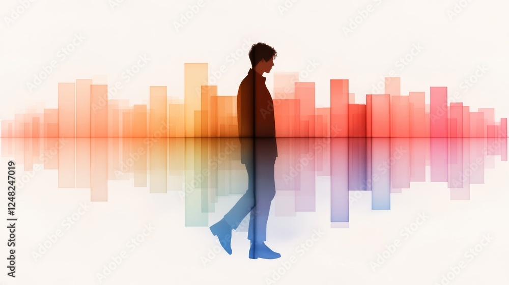 Abstract depiction of a person walking against a vibrant backdrop of colorful bars and reflections evoking modern themes and introspection Abstract depiction of a person walking against a vibrant backdrop of colorful bars and reflections evoking modern themes and introspection