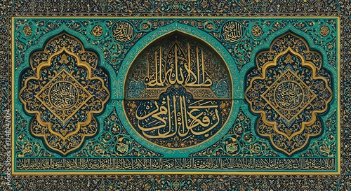 Islamic Calligraphy Art Teal Gold Ornament Design
