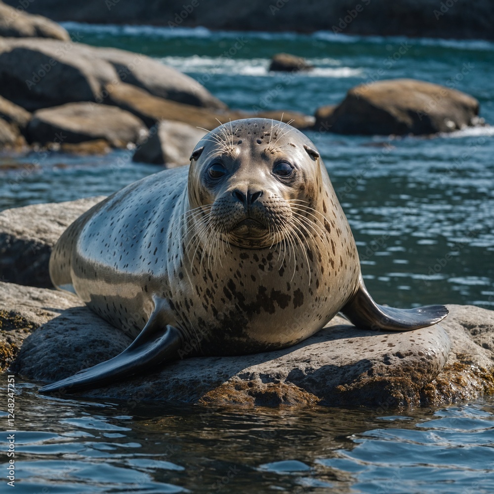 Obraz premium A seal lounging on a rock as the clear sea sparkles around it. A seal that swims in the seaA curious seal lounging on a rock near the shore. A seal balancing a ball on its nose on a rocky shore.