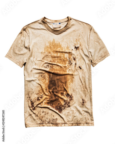 Dirty White T Shirt Isolated. A heavily stained shirt great for depicting labor or messy activities. Isolated on transparent background photo