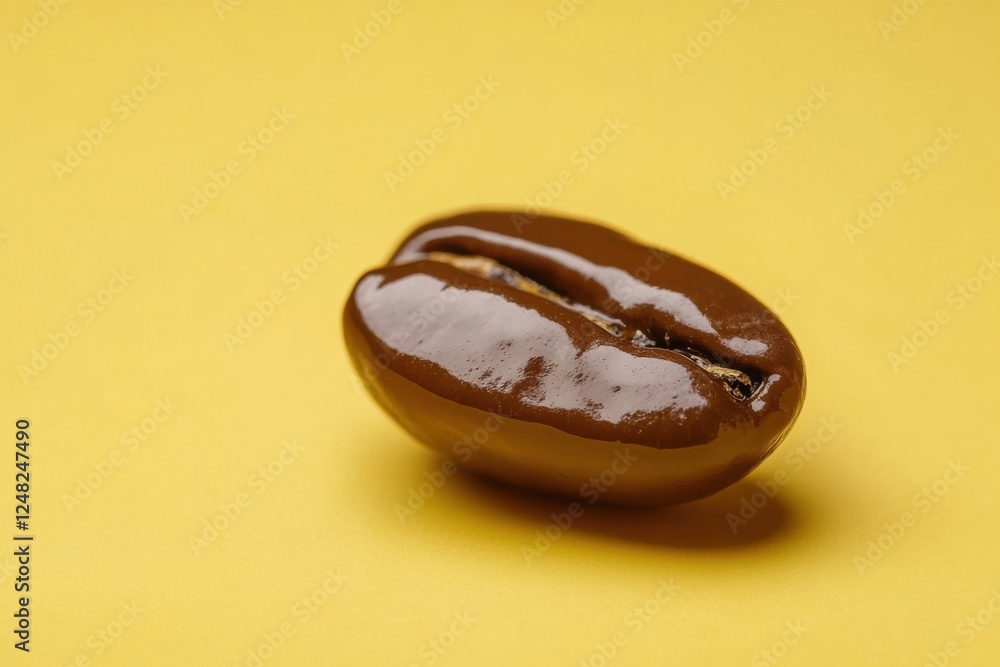 Glossy brown coffee bean on a solid yellow background Glossy brown coffee bean on a solid yellow background