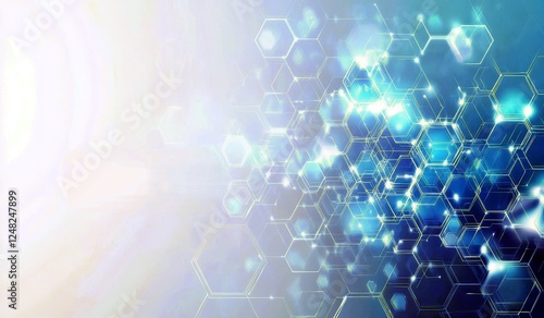 Abstract background with glowing hexagons and bright light beams creating a futuristic digital texture in blue and white tones for technology themes
