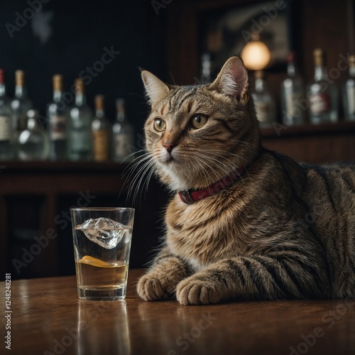 A cat sitting next to a vodka glass, looking curiously at the drink, in a meme-style composition.