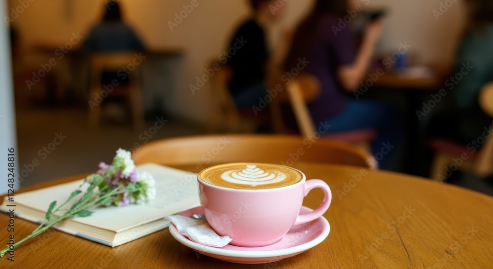 Pink coffee cup with latte art on table in cafe with a book and flowers Pink coffee cup with latte art on table in cafe with a book and flowers