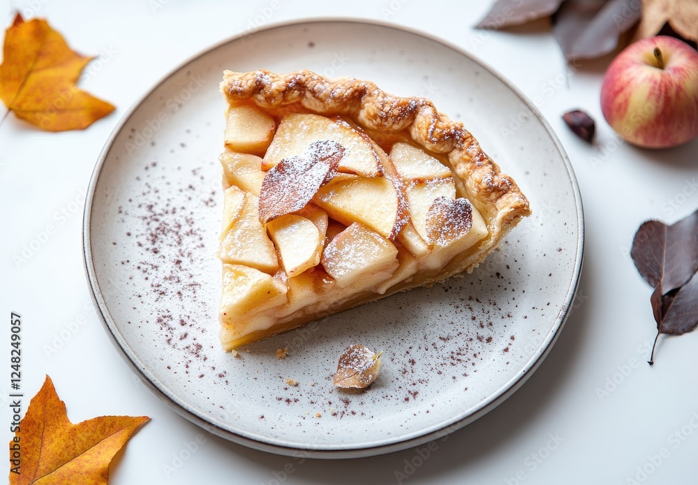 Sliced apple pie on a plate surrounded by autumn leaves and an apple, showcasing a delicious and inviting dessert for seasonal enjoyment Sliced apple pie on a plate surrounded by autumn leaves and an apple, showcasing a delicious and inviting dessert for seasonal enjoyment