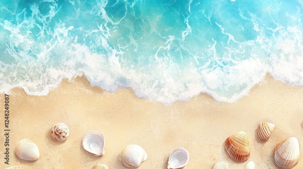 Seashells adorn a sun-kissed beach where gentle waves meet the shore Seashells adorn a sun-kissed beach where gentle waves meet the shore