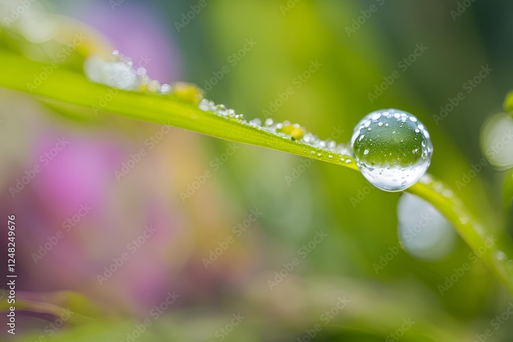 Macro shot of dew drop on a wildflower amidst a lush forest in the springtime, sunny, vibrant, large aperture Macro shot of dew drop on a wildflower amidst a lush forest in the springtime, sunny, vibrant, large aperture