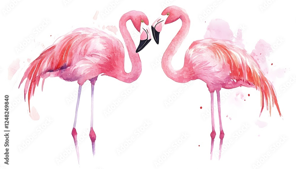 Obraz premium Watercolor painting shows two pink flamingos facing each other