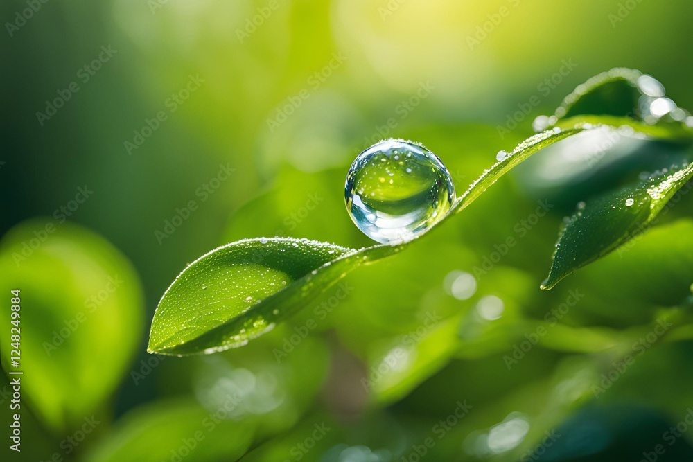 Macro shot of dew drop on a wildflower amidst a lush forest in the springtime, sunny, vibrant, large aperture Macro shot of dew drop on a wildflower amidst a lush forest in the springtime, sunny, vibrant, large aperture