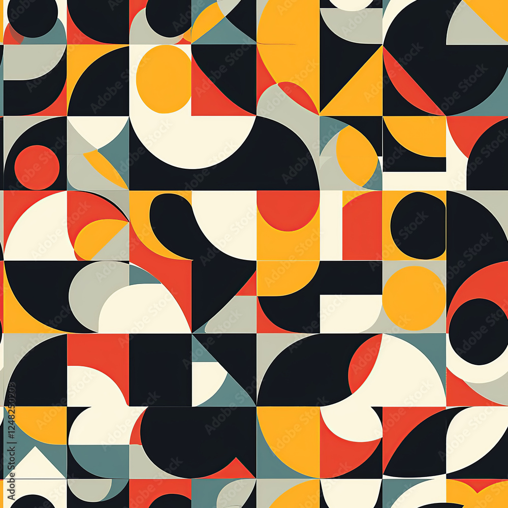Seamless pattern with colorful circles, squares, and triangles create a lively and dynamic composition. Seamless pattern with colorful circles, squares, and triangles create a lively and dynamic composition.