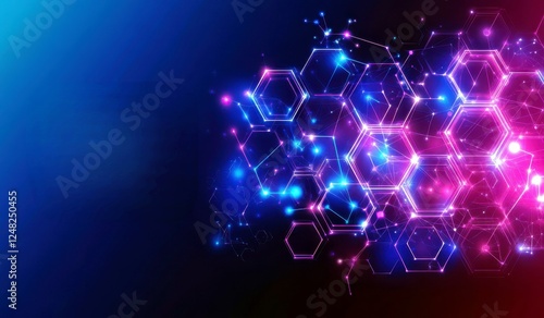 Abstract digital background with glowing hexagons and particles in vibrant blue and pink tones for technology and design themes