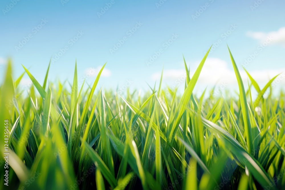 Obraz premium Lush Green Grass Blades Under Bright Blue Sky with Soft White Clouds in a Peaceful Nature Setting for Relaxation and Serenity Photography