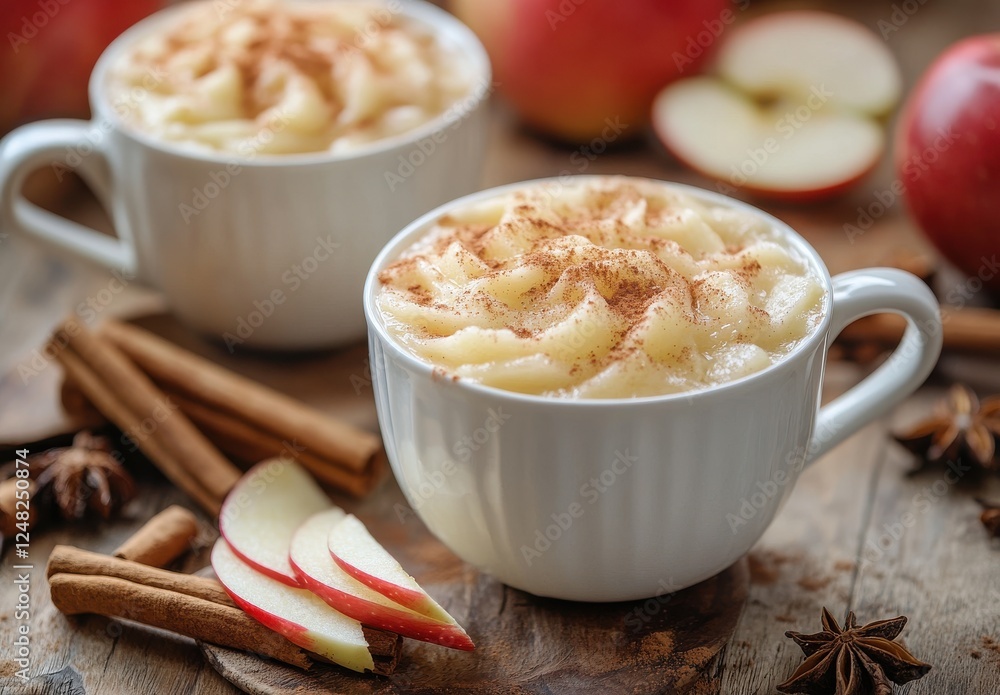 Warm and Creamy Apple Dessert with Cinnamon and Spices in Elegant White Cups Surrounded by Fresh Red Apples on Rustic Wooden Table Warm and Creamy Apple Dessert with Cinnamon and Spices in Elegant White Cups Surrounded by Fresh Red Apples on Rustic Wooden Table