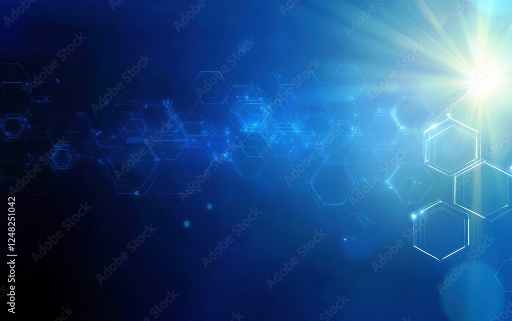 Abstract digital background with glowing hexagonal shapes, light beams, and blue hues showcasing technology and innovation concepts Abstract digital background with glowing hexagonal shapes, light beams, and blue hues showcasing technology and innovation concepts