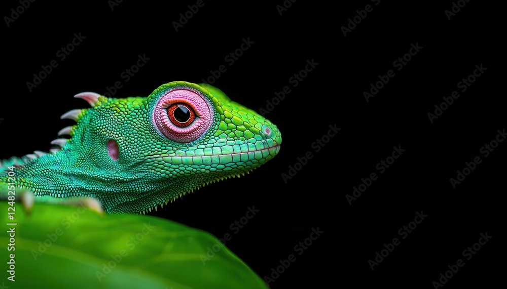 Fototapeta premium Close-up of a vibrant green lizard with striking colors against a dark background.