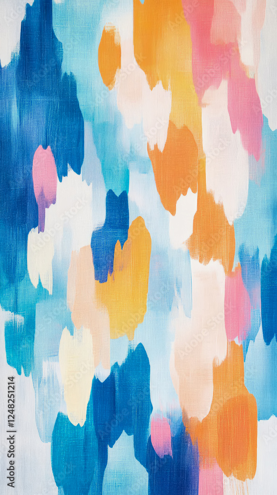 Fototapeta premium Abstract Color Field Painting with Fluid Shapes and Blend of Blue, Orange, Pink, and Yellow Hues for Modern Decor