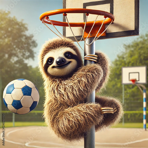 AI image - a fluffy sloth playfully hanging from a basketball pole
