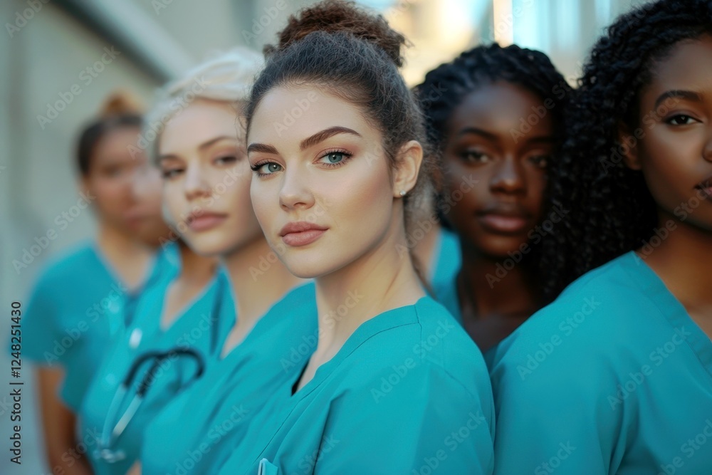 Diverse group of young female medical professionals standing together in scrubs representing unity and collaboration in healthcare environments Diverse group of young female medical professionals standing together in scrubs representing unity and collaboration in healthcare environments