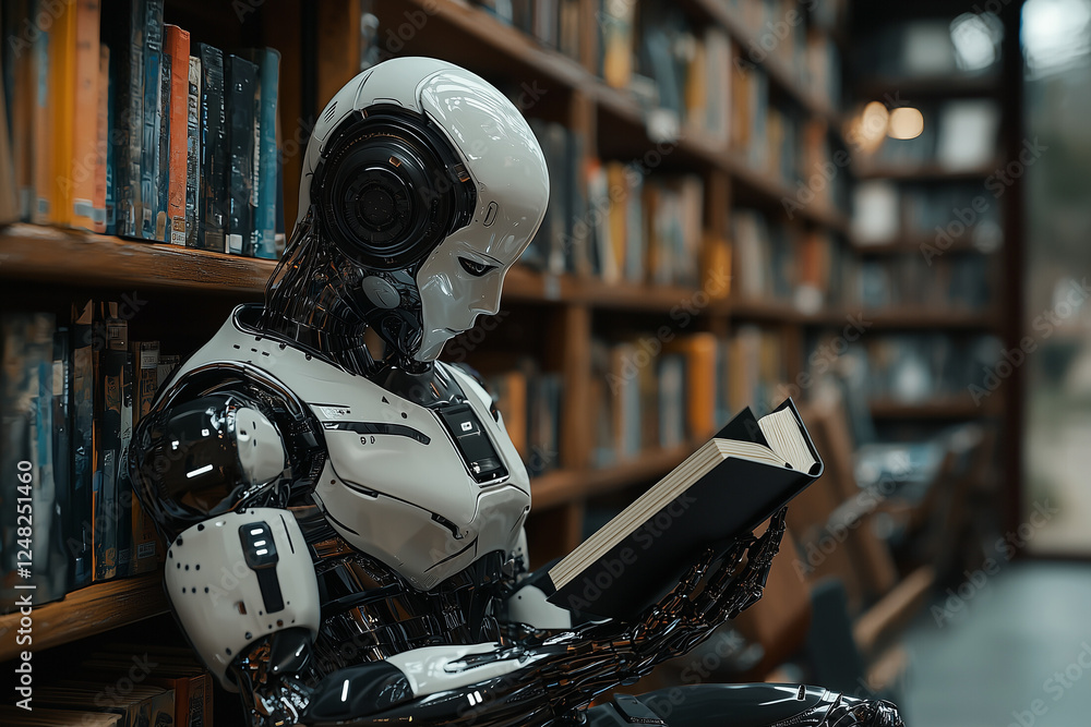 Cyborg powerd by AI machine leaning in the library - reading books Cyborg powerd by AI machine leaning in the library - reading books