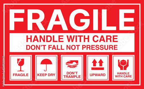 Red Fragile Warning Label Vector with Broken Glass Symbol. Handle with Care, Keep Dry, Don't Trample, and This Side Up Shipping Safety Signs and Instructions.