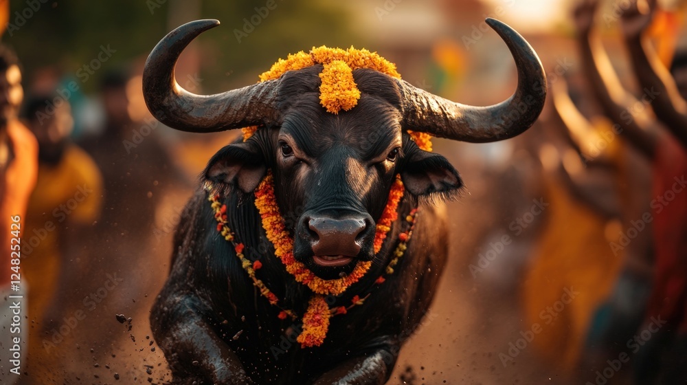 Decorated bull charging, festival crowd, India Decorated bull charging, festival crowd, India