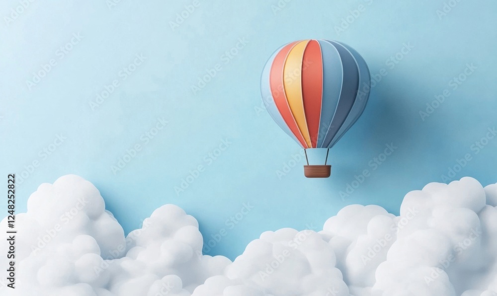Fototapeta premium Colorful hot air balloon floats above clouds; travel, adventure concept