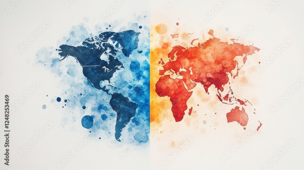 Fototapeta premium A vibrant watercolor map divided into blue and orange sections, representing contrasting themes or concepts in a creative artistic style.
