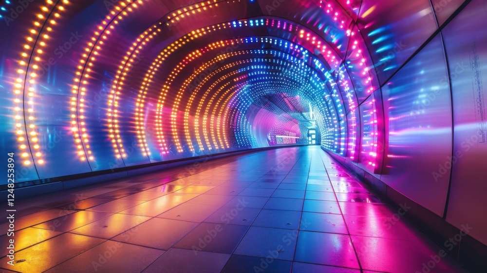 3D render of a futuristic tunnel with vibrant neon lights, creating a mesmerizing pathway of colors 3D render of a futuristic tunnel with vibrant neon lights, creating a mesmerizing pathway of colors