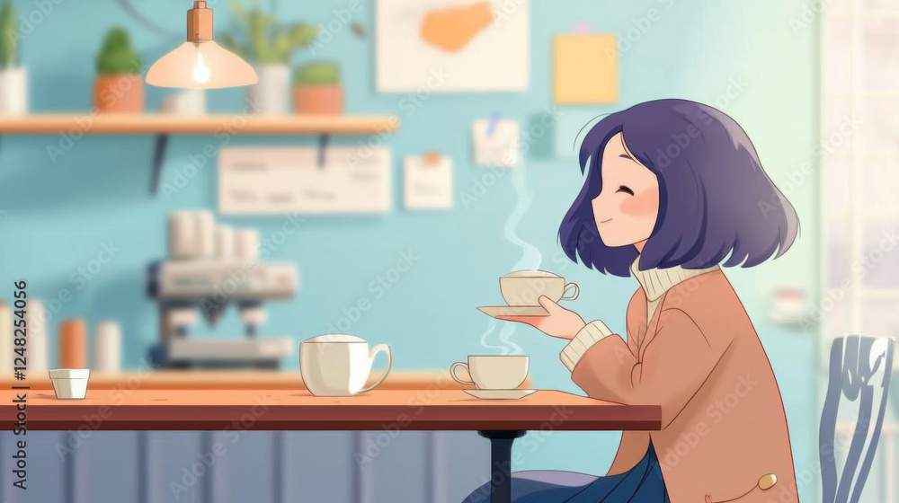 girl with dark purple hair enjoys warm drink in cozy cafe, wearing jacket and skirt. cafe has relaxed atmosphere with plants and coffee machine in background girl with dark purple hair enjoys warm drink in cozy cafe, wearing jacket and skirt. cafe has relaxed atmosphere with plants and coffee machine in background