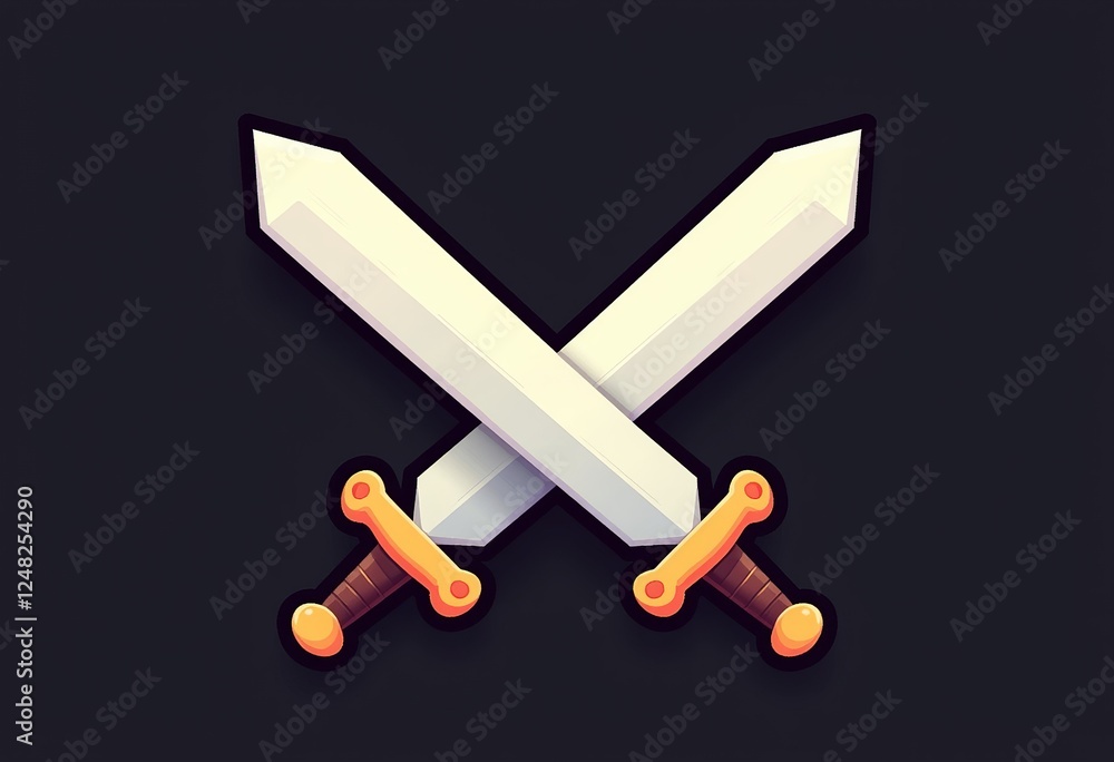Obraz premium Cute Cartoon Crossed Swords Icon: Adorable, Rounded Design with Isometric Look, Flat Colors on Black, Perfect for Gaming, Logos, and Fantasy-Themed Art.