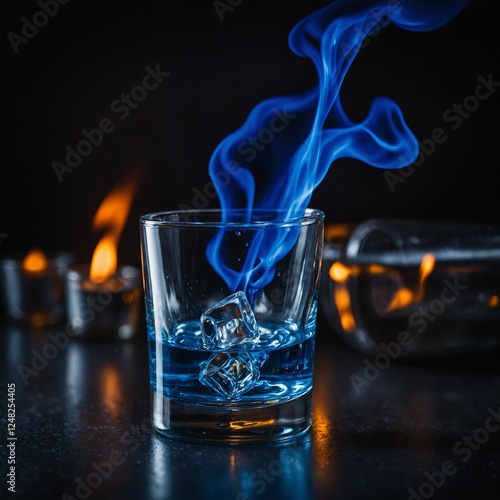 A cinematic shot of vodka being ignited, creating a stunning blue flame above a shot glass.