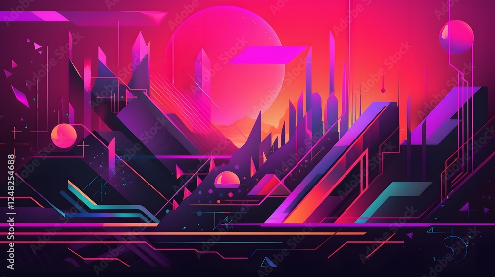 Obraz premium Vibrant cosmic landscape, surreal colorful mountains and glowing orbs, captures imaginative and otherworldly themes, ideal for digital backgrounds.