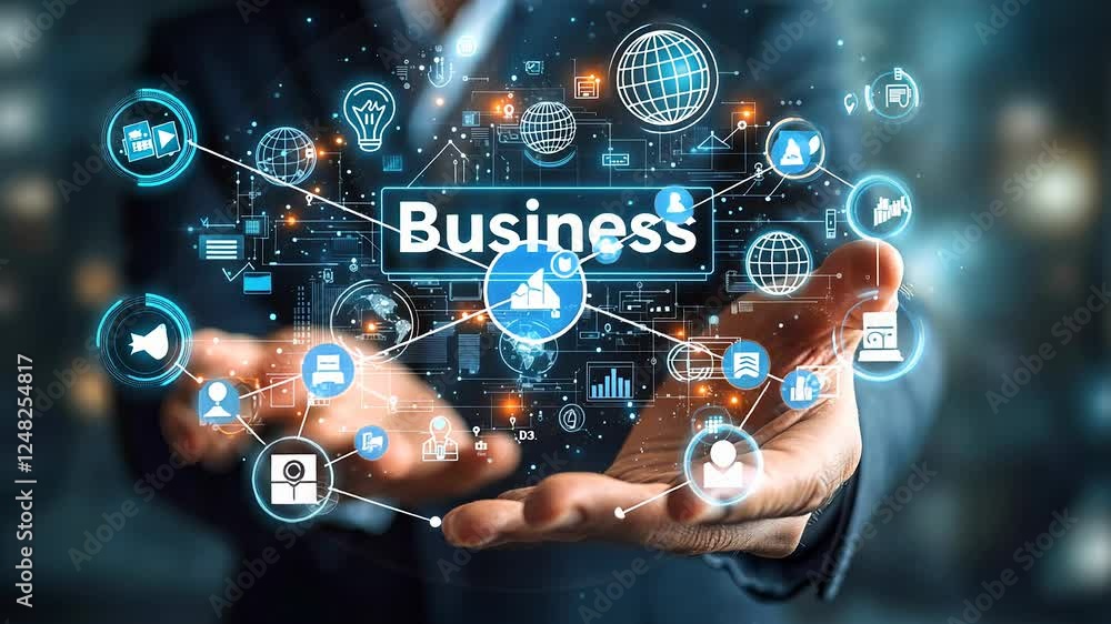 In a contemporary office setting, a businessman reaches forward with open hands, presenting vibrant visuals of business concepts including technology and global connections. In a contemporary office setting, a businessman reaches forward with open hands, presenting vibrant visuals of business concepts including technology and global connections.
