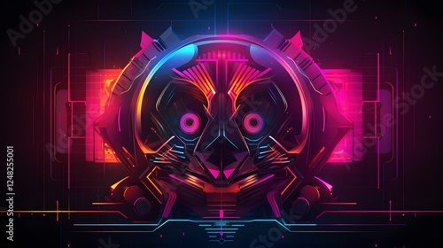 Vibrant abstract digital art, colorful neon design with symmetrical patterns and glowing elements, perfect for tech themes.
