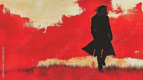 Stylized silhouette of a figure in a coat walking through a field against a dramatic red and off-white backdrop artistic and contemplative