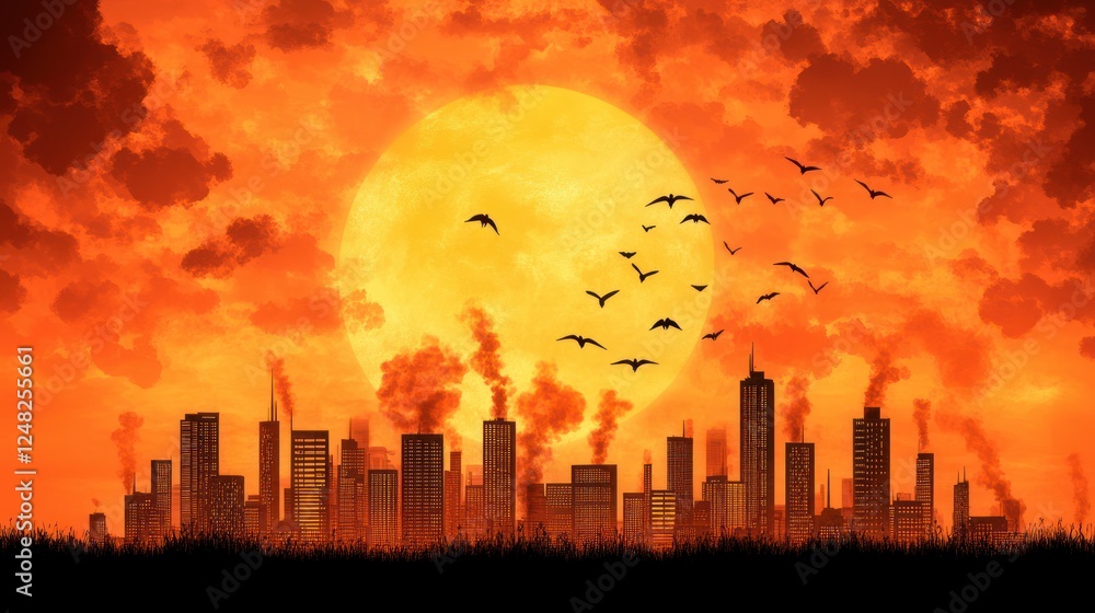 Fototapeta premium Silhouette of Urban Cityscape Against Fiery Sunset with Birds Flying Overhead and Smoke Rising from Towers