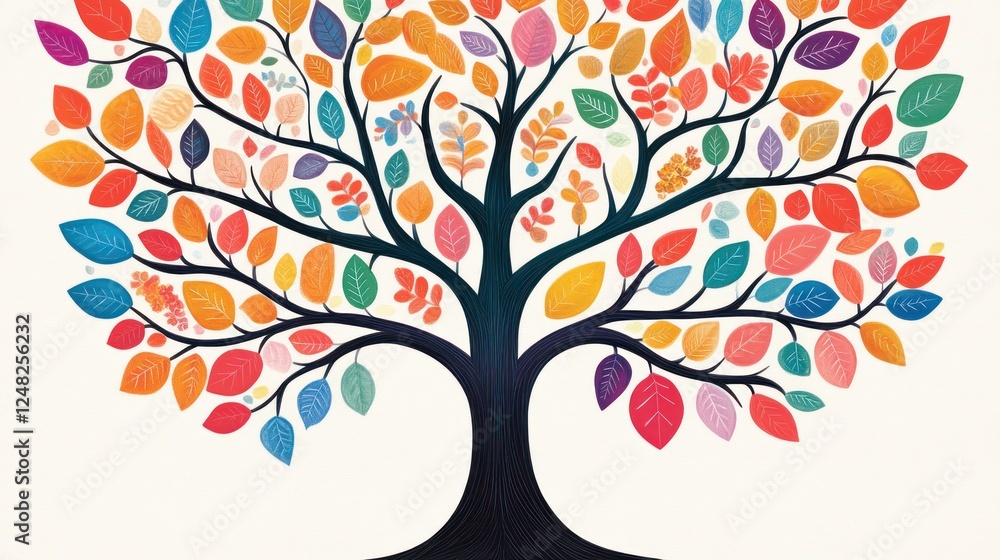 Fototapeta premium Vibrant Tree with Colorful Leaves, Artistic Representation of Nature and Growth for Creative Projects